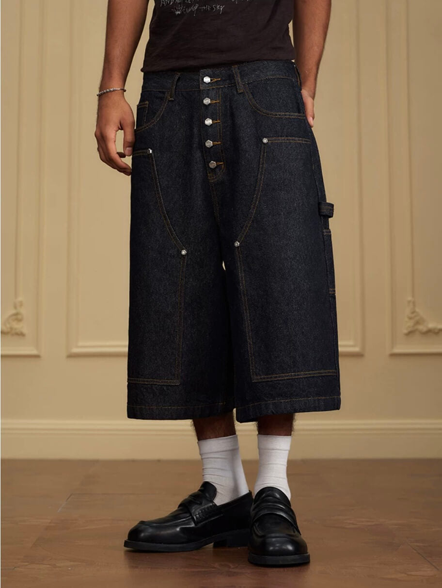 YADcrew Double Knee Denim Baggy Below Knee Shorts