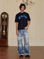YADcrew Vintage Distressed Denim Print Loose Fit Wide Leg Jeans