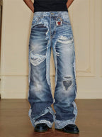 YADcrew Vintage Distressed Denim Print Loose Fit Wide Leg Jeans