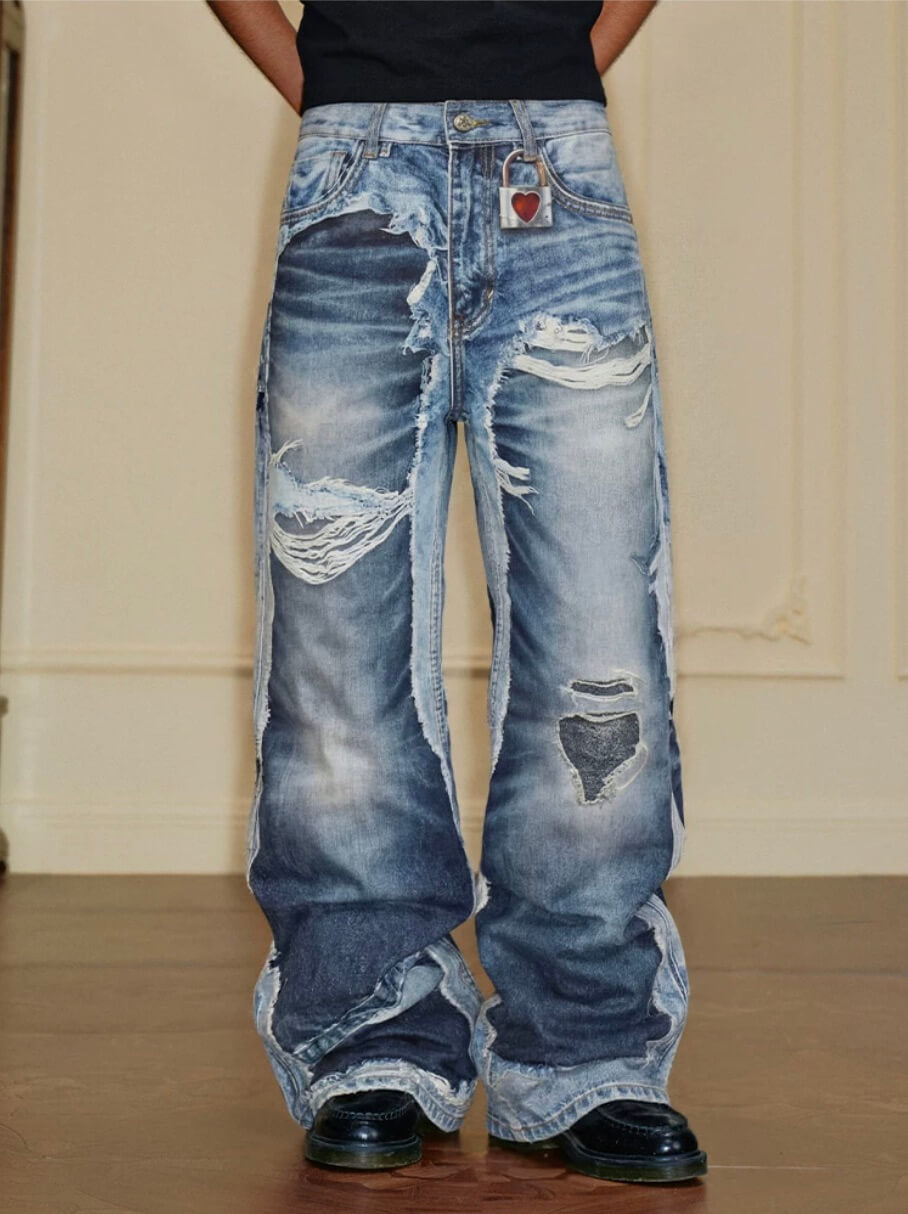 YADcrew Vintage Distressed Denim Print Loose Fit Wide Leg Jeans