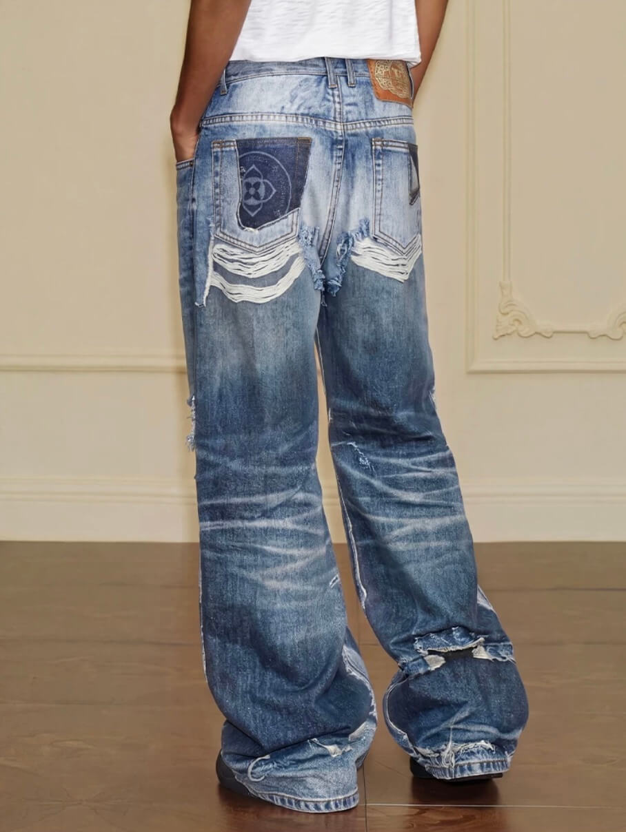 YADcrew Vintage Distressed Denim Print Loose Fit Wide Leg Jeans