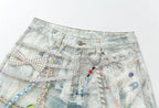 YADcrew Denim Pearl Bead Chain Digital Print Shorts