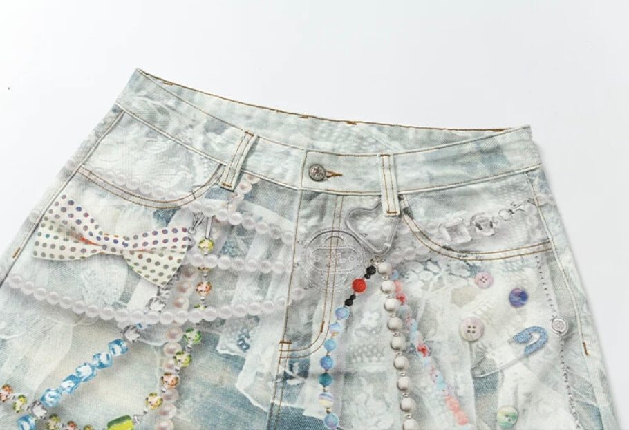 YADcrew Denim Pearl Bead Chain Digital Print Shorts