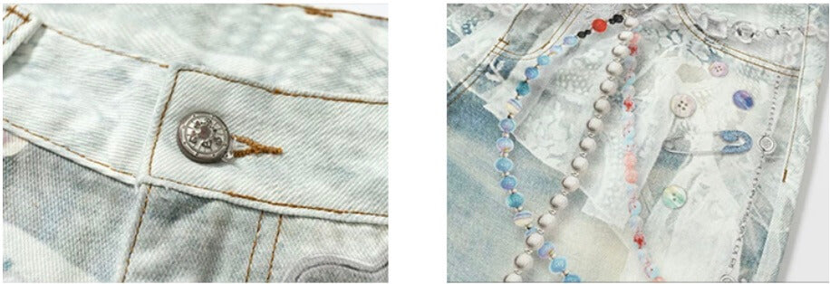 YADcrew Denim Pearl Bead Chain Digital Print Shorts