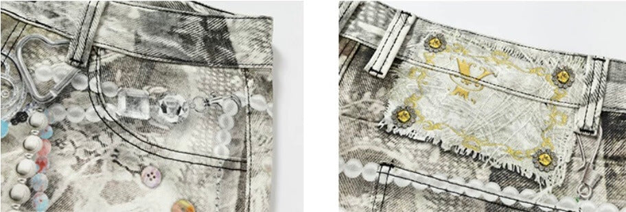 YADcrew Denim Pearl Bead Chain Digital Print Shorts