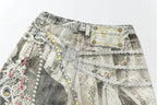 YADcrew Denim Pearl Bead Chain Digital Print Shorts