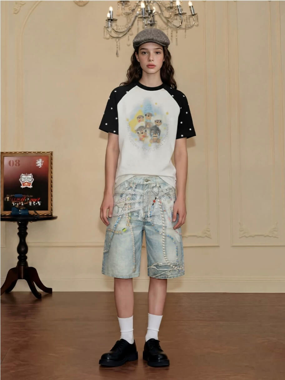 YADcrew Denim Pearl Bead Chain Digital Print Shorts