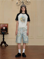 YADcrew Denim Pearl Bead Chain Digital Print Shorts