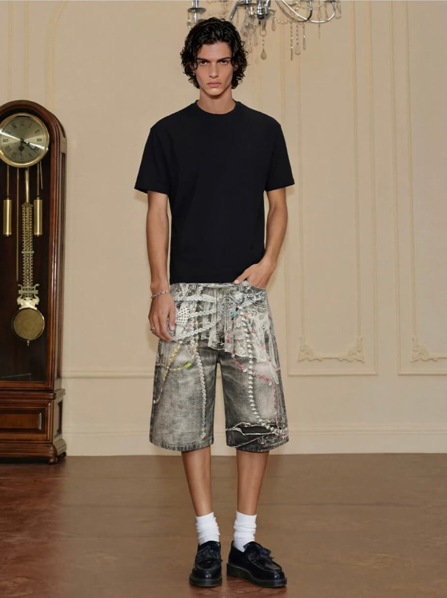 YADcrew Denim Pearl Bead Chain Digital Print Shorts