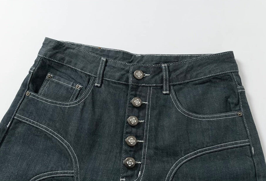 YADcrew Cross Motif Button Paneled Denim Shorts