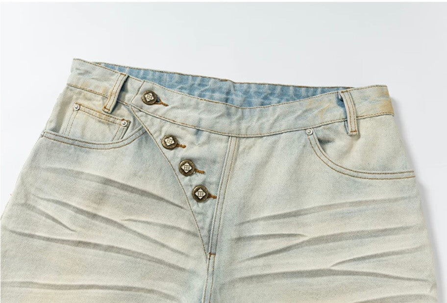 YADcrew Heavy Wash Distressed Cross Motif Button Jeans