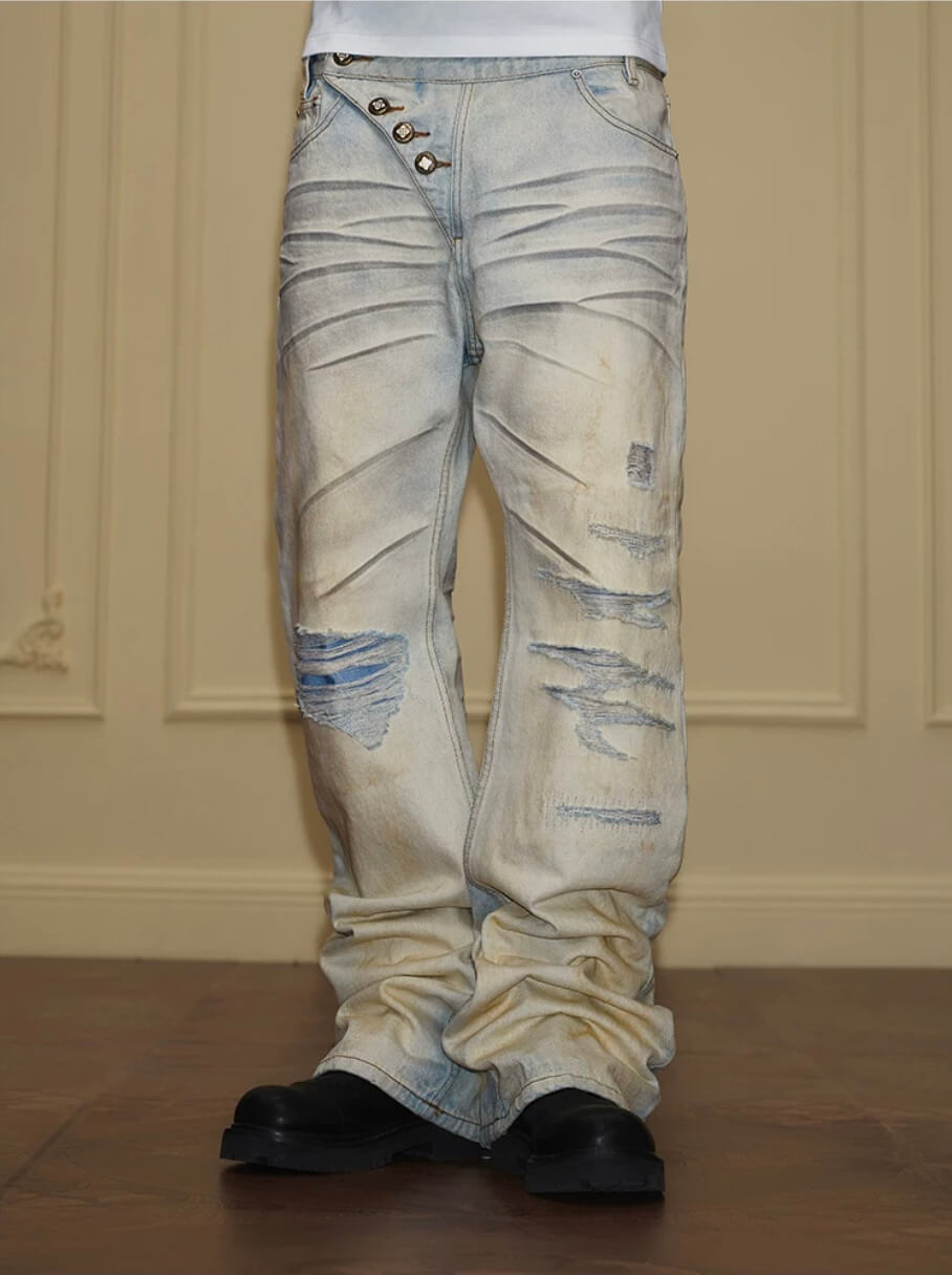 YADcrew Heavy Wash Distressed Cross Motif Button Jeans