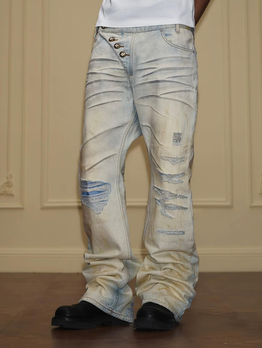 YADcrew Heavy Wash Distressed Cross Motif Button Jeans
