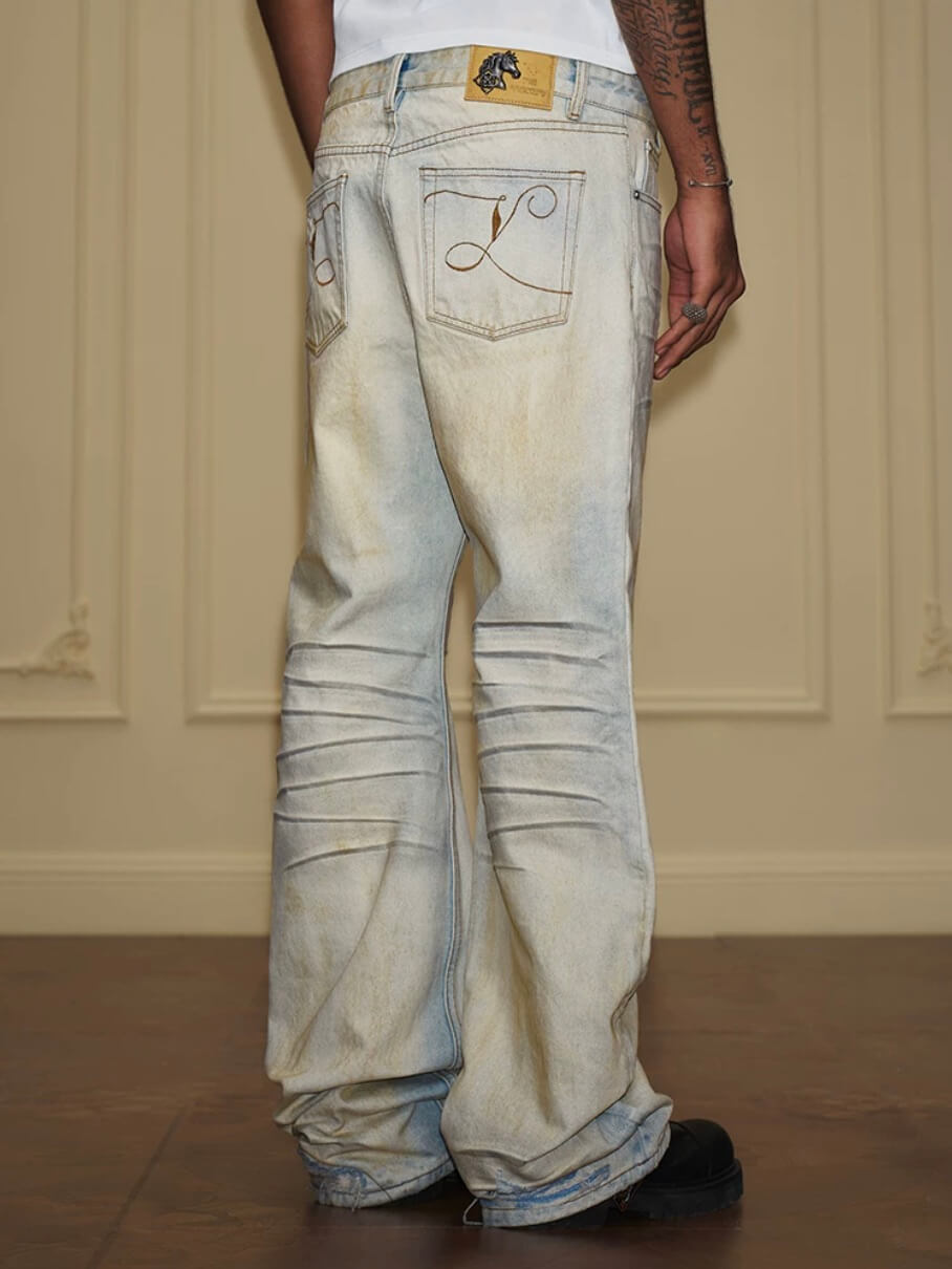 YADcrew Heavy Wash Distressed Cross Motif Button Jeans