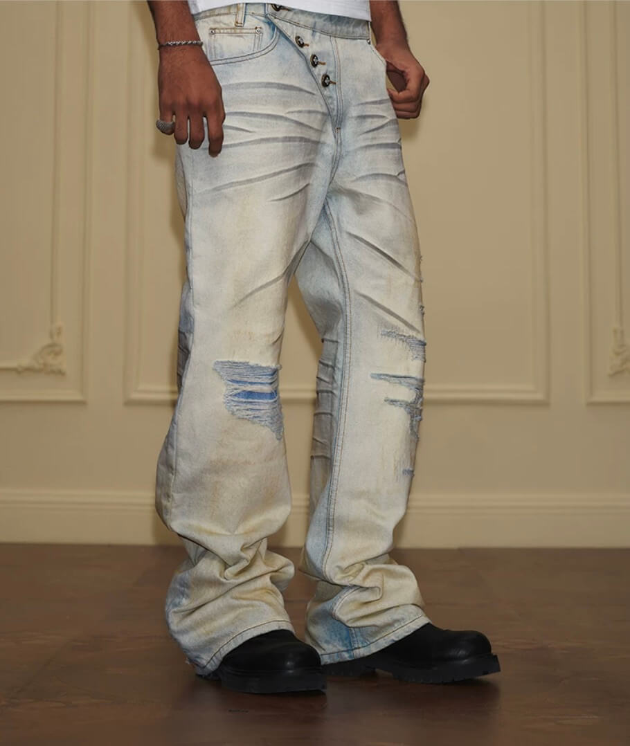 YADcrew Heavy Wash Distressed Cross Motif Button Jeans