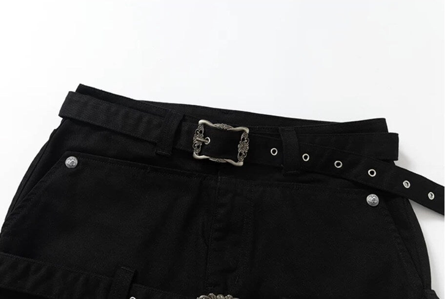 YADcrew Double Floral Buckle Belted Flared Pants
