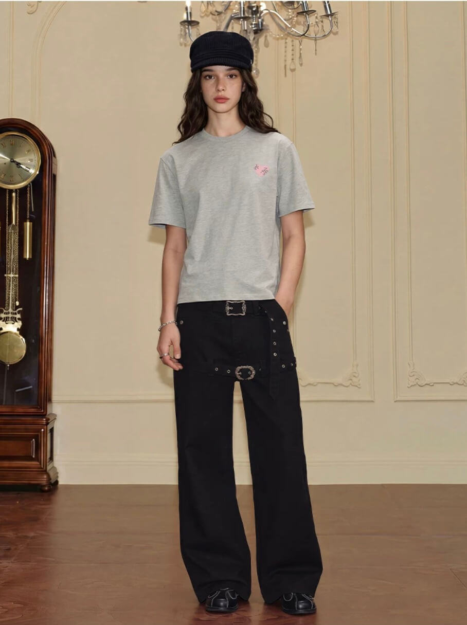 YADcrew Double Floral Buckle Belted Flared Pants