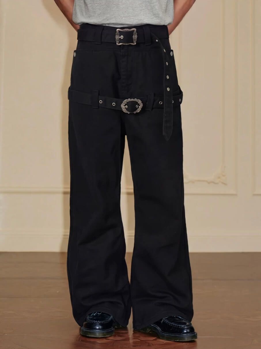YADcrew Double Floral Buckle Belted Flared Pants