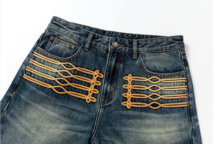 YADcrew Braid Embroidered Washed Loose Fit Jeans