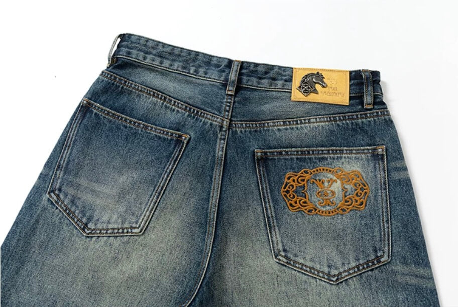 YADcrew Braid Embroidered Washed Loose Fit Jeans