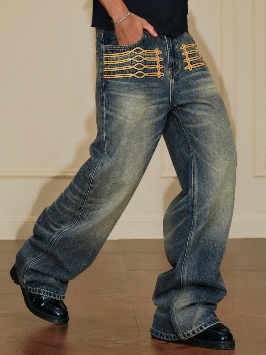 YADcrew Braid Embroidered Washed Loose Fit Jeans