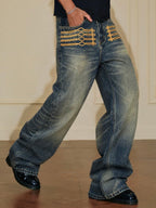 YADcrew Braid Embroidered Washed Loose Fit Jeans