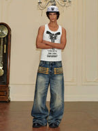 YADcrew Braid Embroidered Washed Loose Fit Jeans