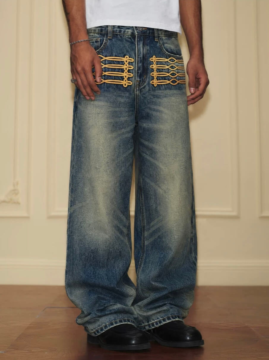 YADcrew Braid Embroidered Washed Loose Fit Jeans