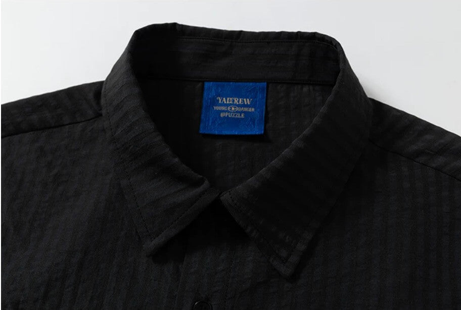 YADcrew Braid Embroidered Striped Seersucker Short Sleeve Shirt