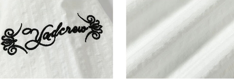 YADcrew Braid Embroidered Striped Seersucker Short Sleeve Shirt