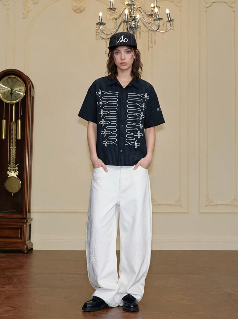 YADcrew Braid Embroidered Striped Seersucker Short Sleeve Shirt