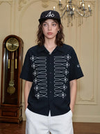 YADcrew Braid Embroidered Striped Seersucker Short Sleeve Shirt