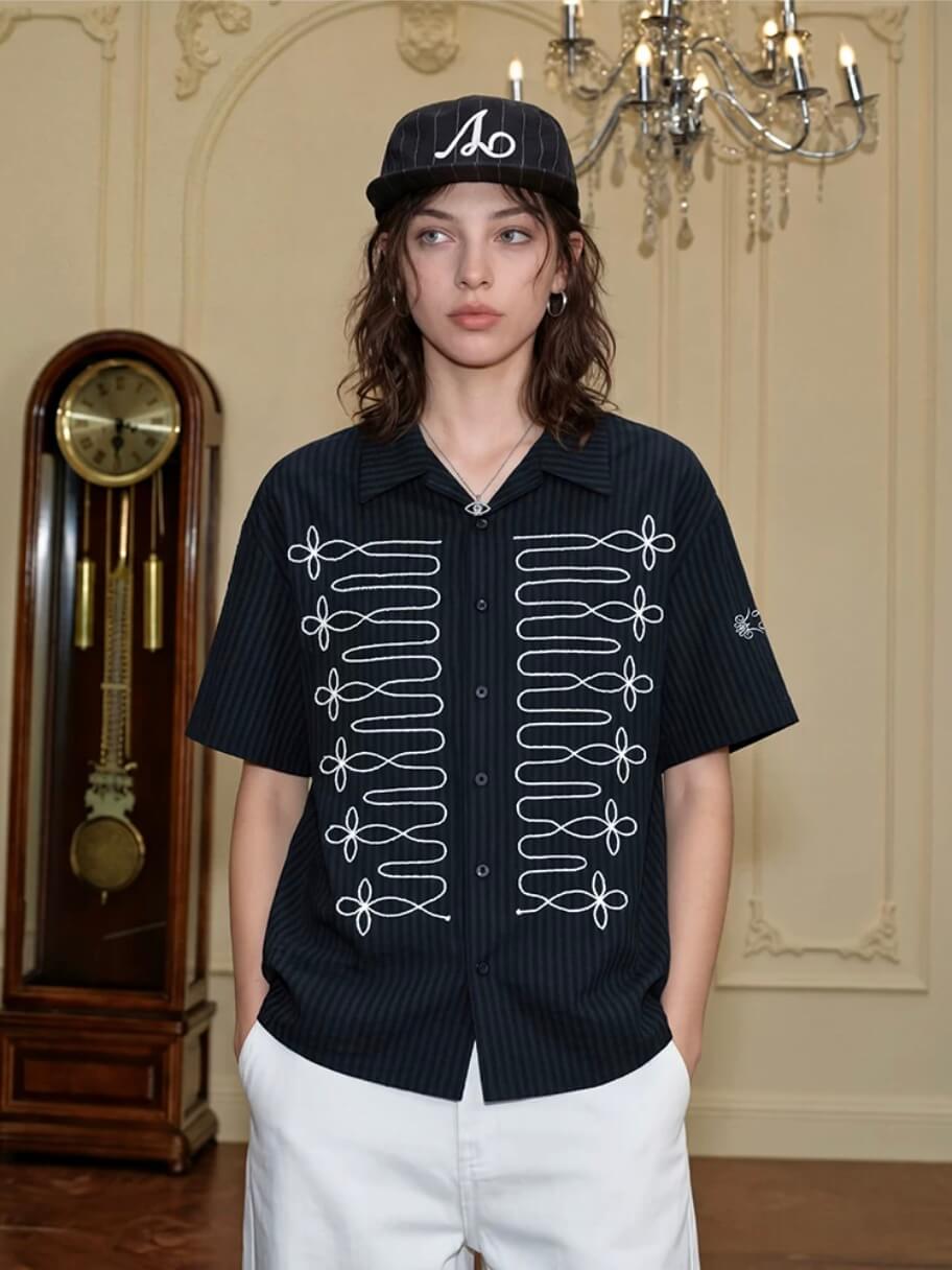 YADcrew Braid Embroidered Striped Seersucker Short Sleeve Shirt