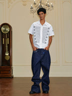YADcrew Braid Embroidered Striped Seersucker Short Sleeve Shirt