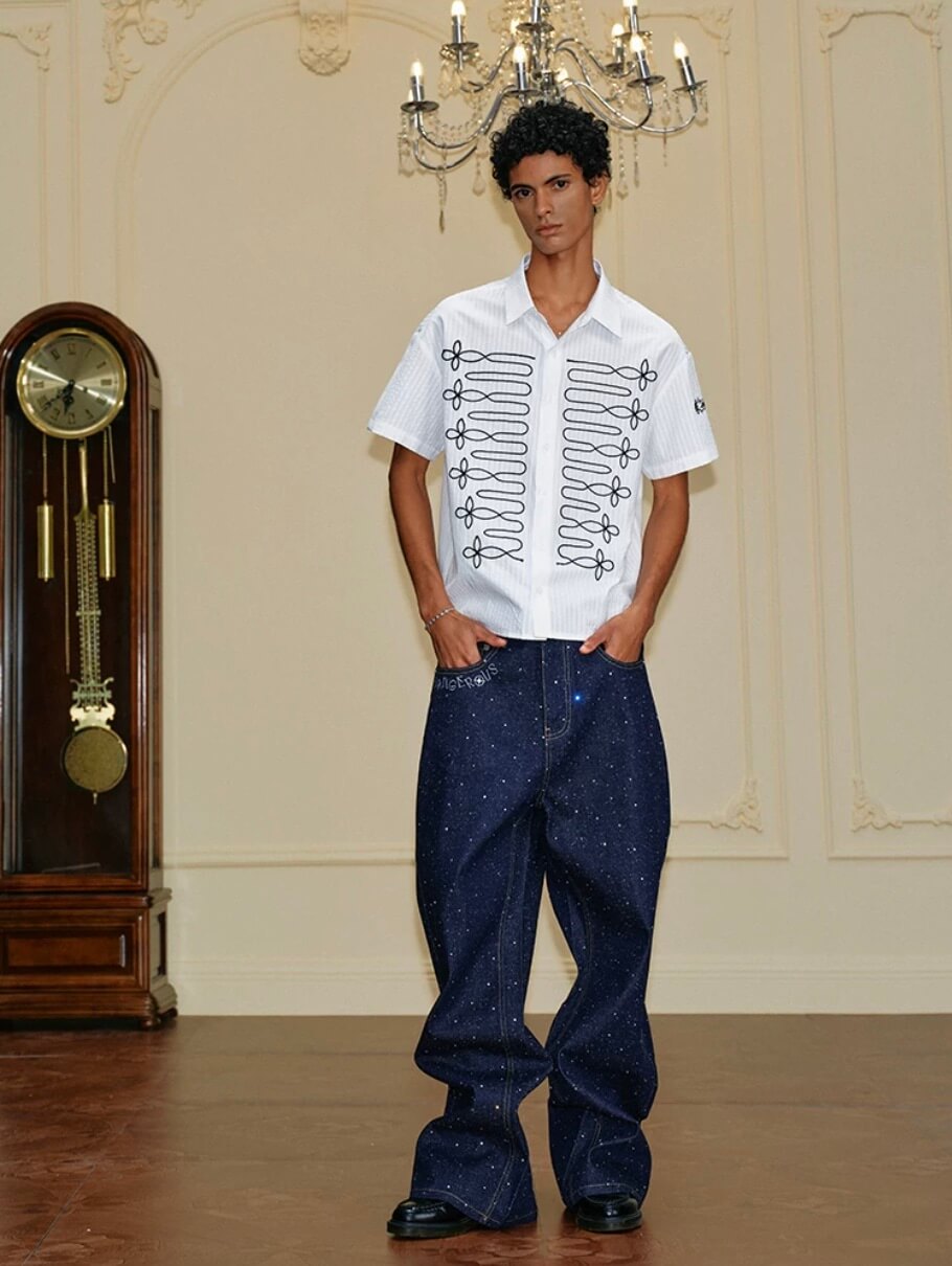 YADcrew Braid Embroidered Striped Seersucker Short Sleeve Shirt