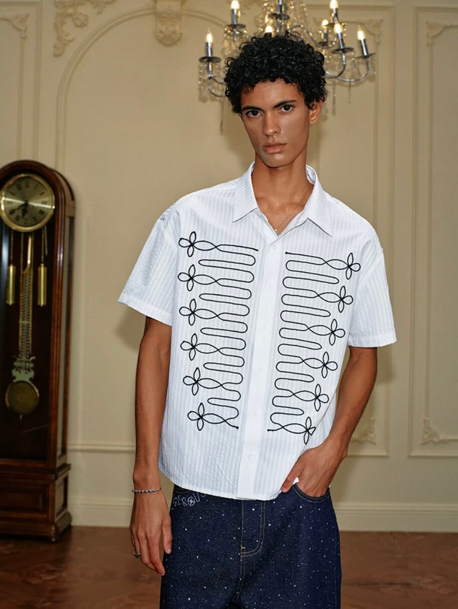 YADcrew Braid Embroidered Striped Seersucker Short Sleeve Shirt