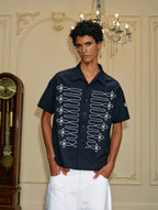 YADcrew Braid Embroidered Striped Seersucker Short Sleeve Shirt