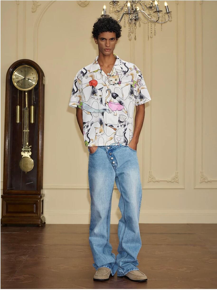 YADcrew All Over Cat Print Short Sleeve Shirt