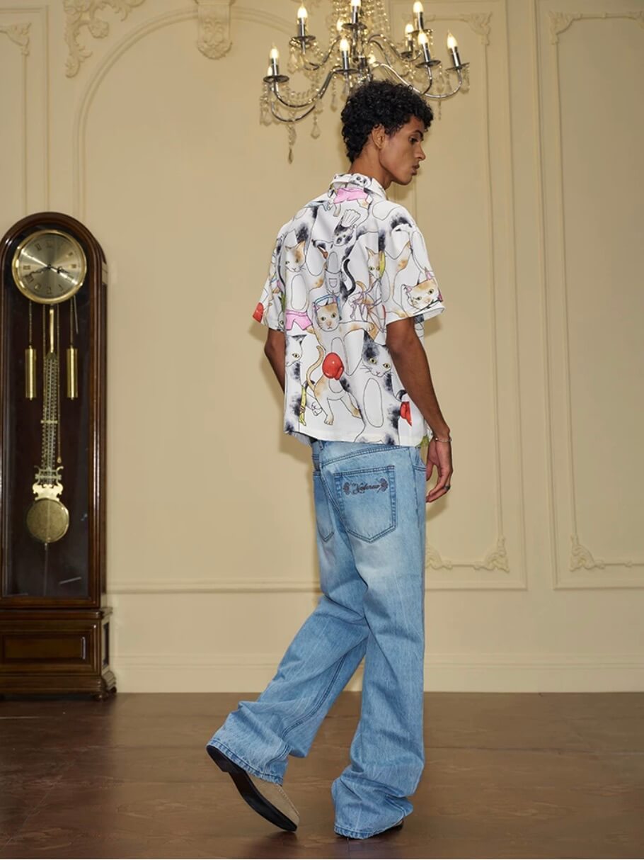 YADcrew All Over Cat Print Short Sleeve Shirt