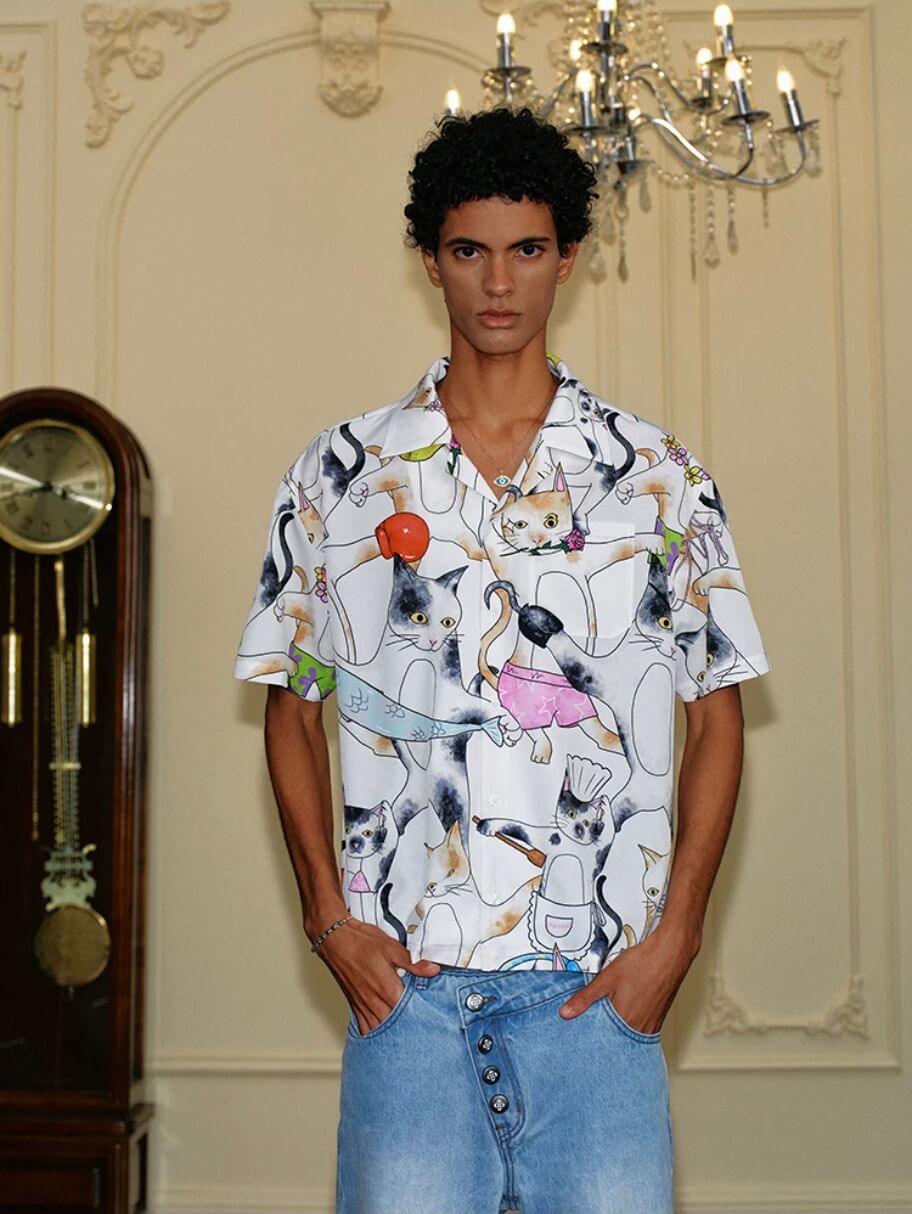 YADcrew All Over Cat Print Short Sleeve Shirt