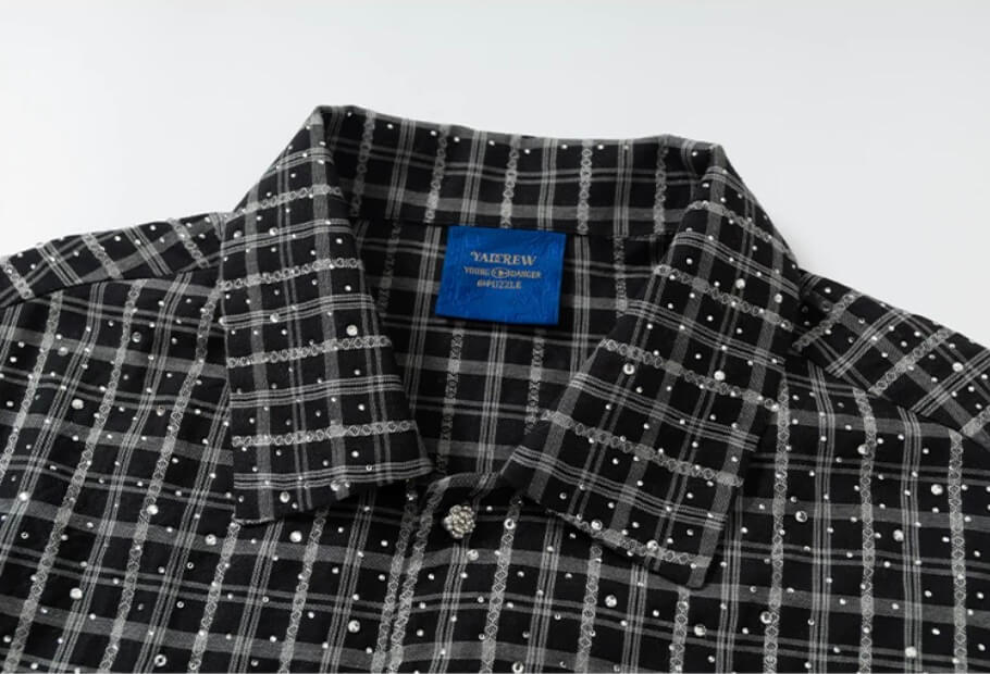 YADcrew Plaid Rhinestone Cascade Flower Button Short Sleeve Shirt