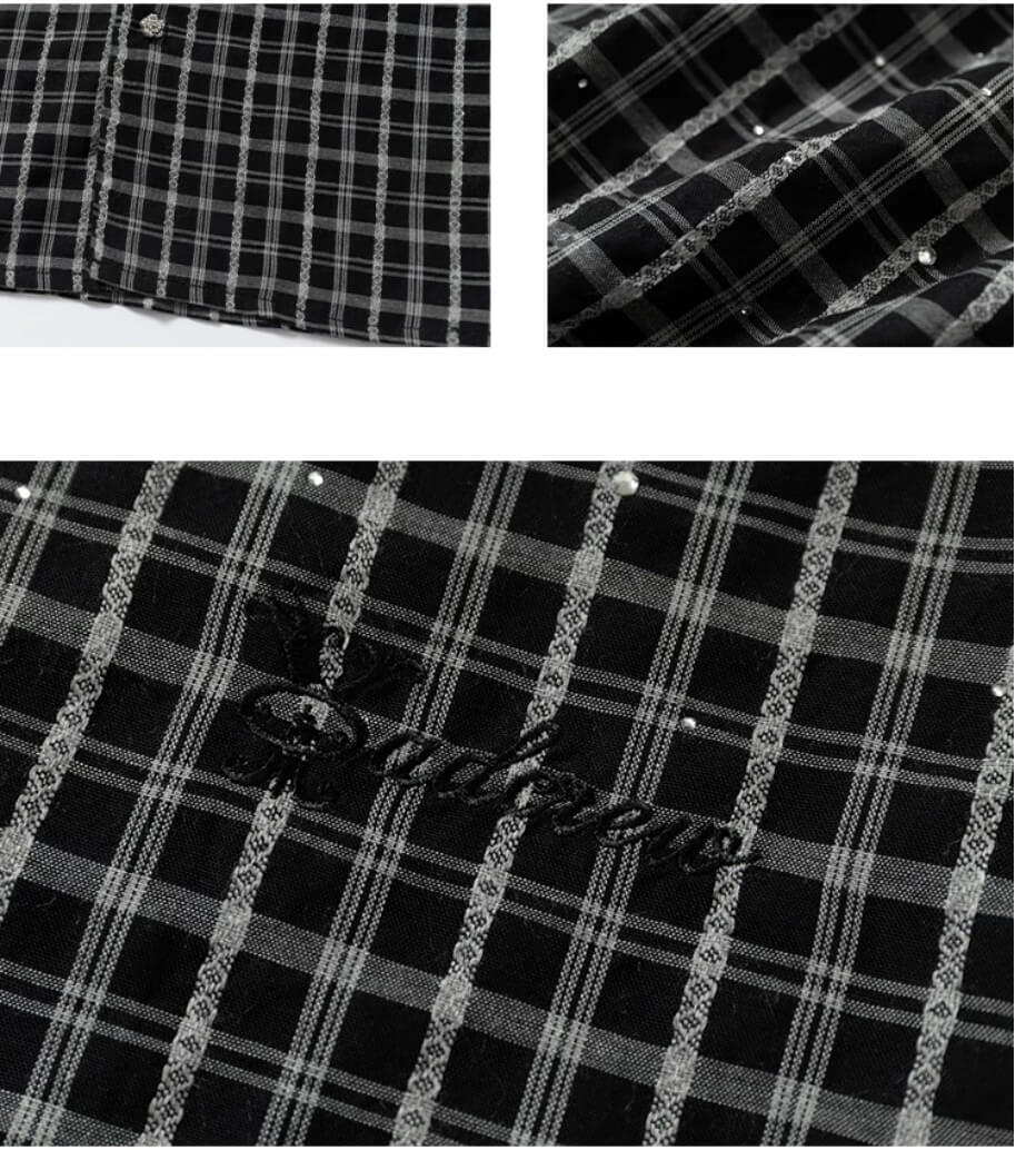 YADcrew Plaid Rhinestone Cascade Flower Button Short Sleeve Shirt