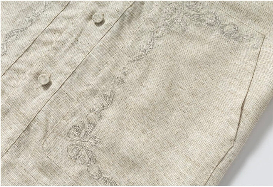 YADcrew Linen Blend Embroidered Short Sleeve Shirt