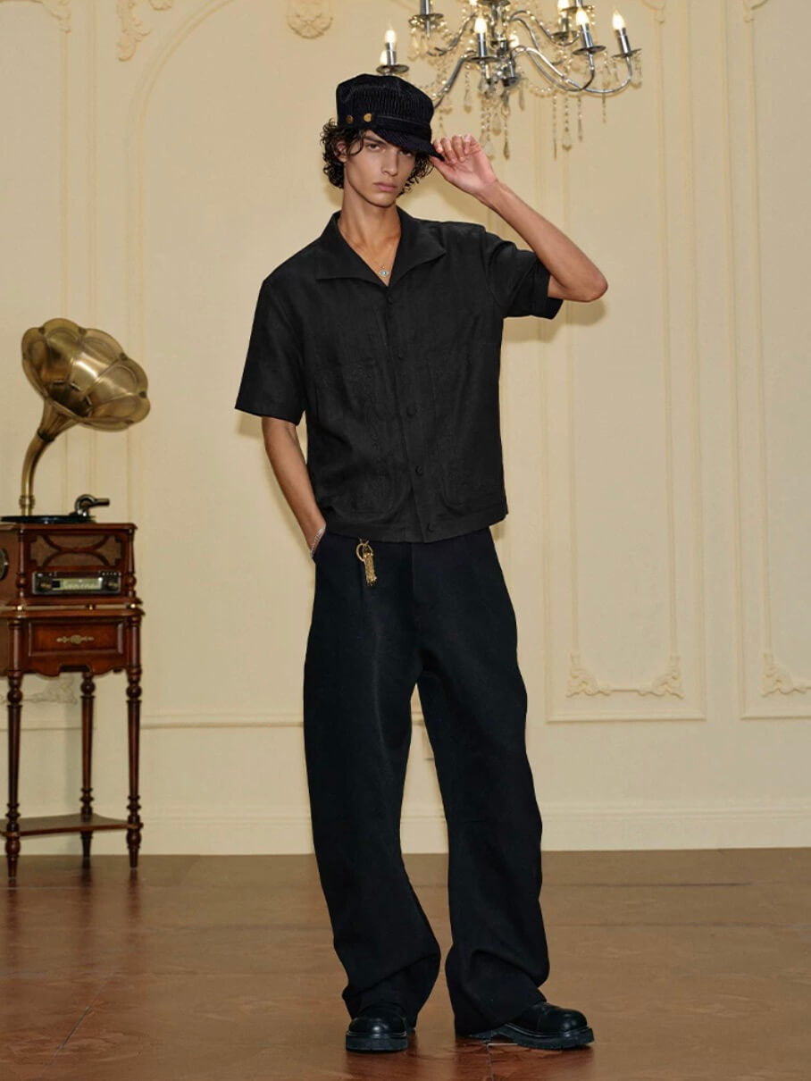 YADcrew Linen Blend Embroidered Short Sleeve Shirt