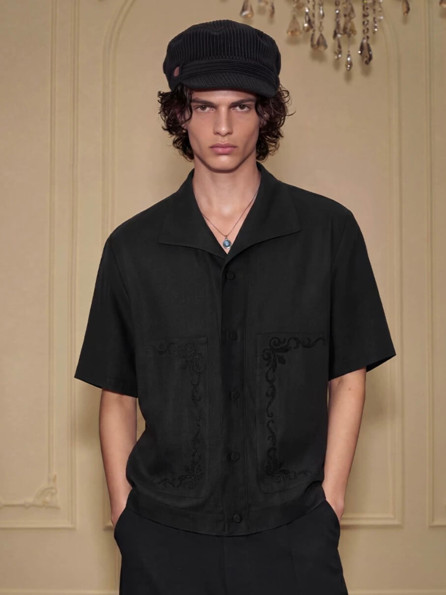YADcrew Linen Blend Embroidered Short Sleeve Shirt