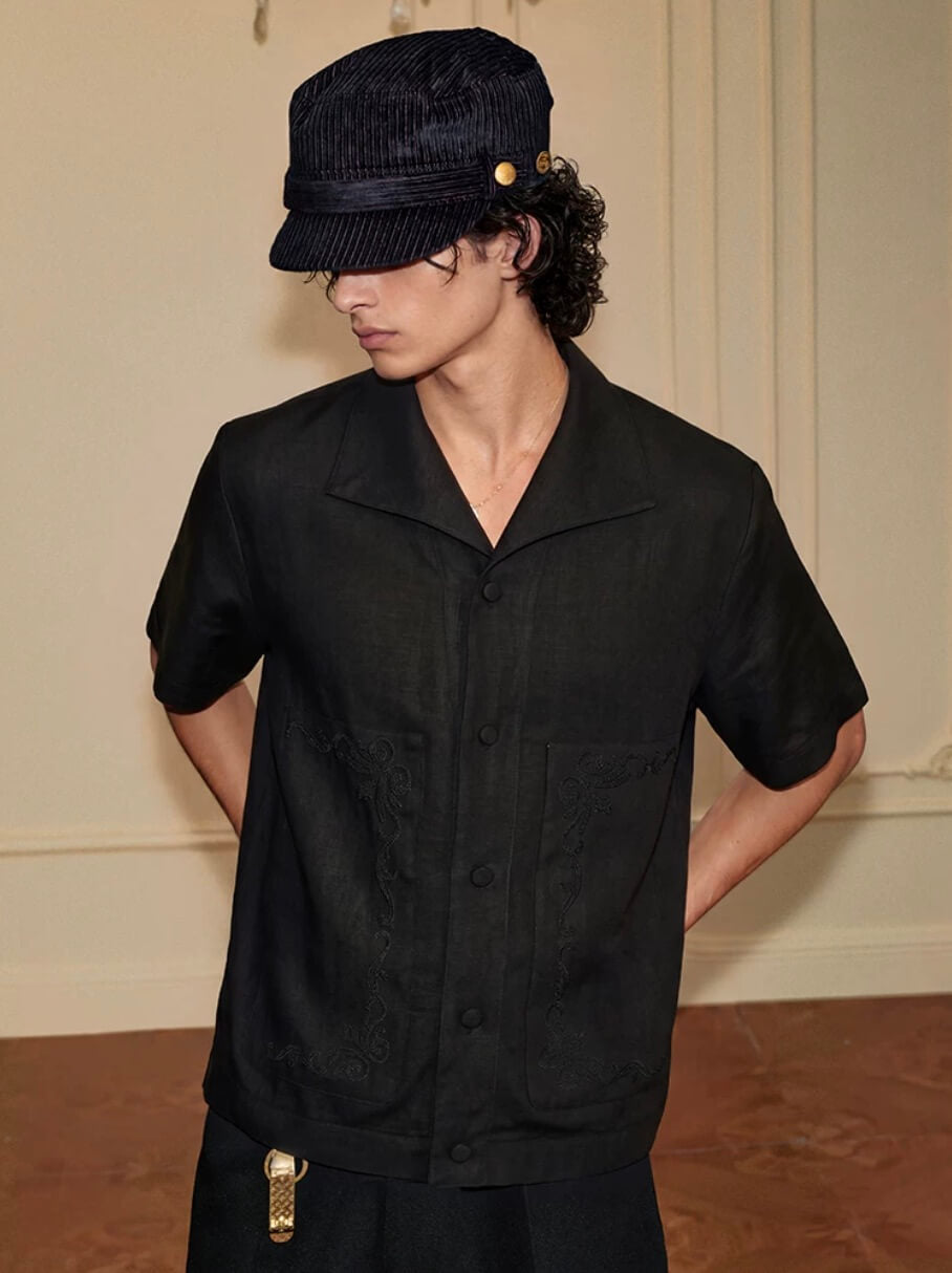 YADcrew Linen Blend Embroidered Short Sleeve Shirt