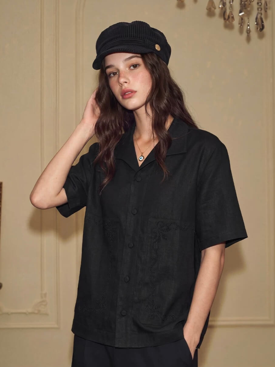 YADcrew Linen Blend Embroidered Short Sleeve Shirt