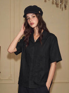 YADcrew Linen Blend Embroidered Short Sleeve Shirt