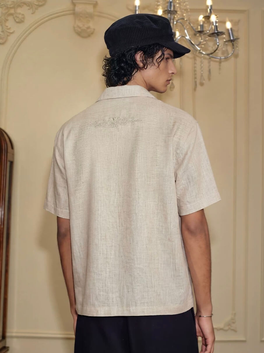 YADcrew Linen Blend Embroidered Short Sleeve Shirt