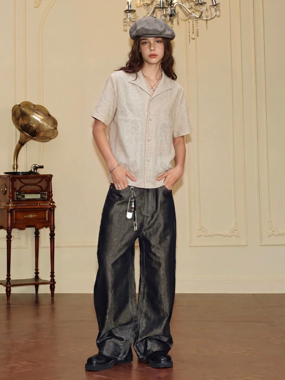 YADcrew Linen Blend Embroidered Short Sleeve Shirt